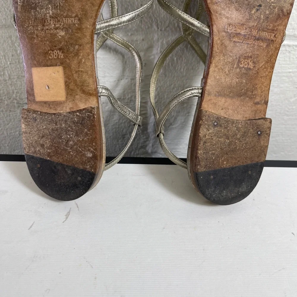 Manolo Blahnik Metallic Strappy Flat Sandals Ankle Strap Women's 38.5 EU/7.5 US‎